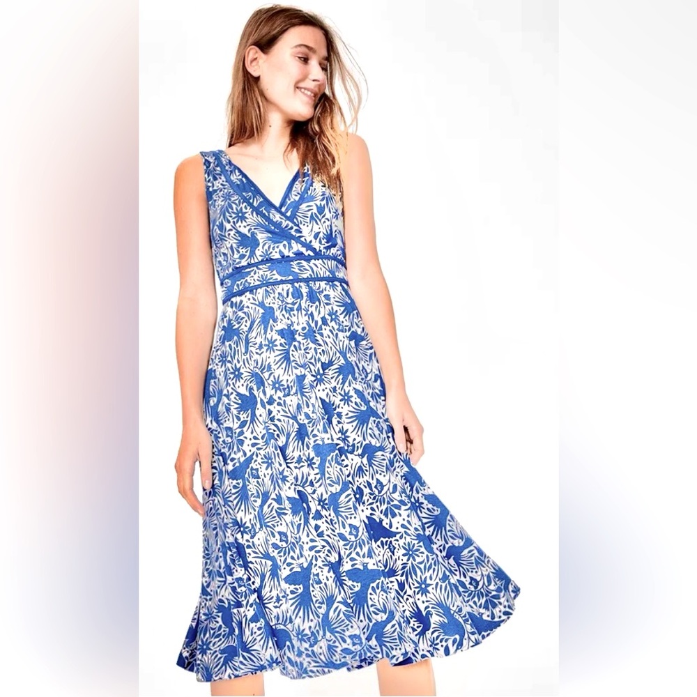 Boden Sleeveless Lorna Faux Wrap Jersey Midi Dress Blue Birds of Paradise ZB12